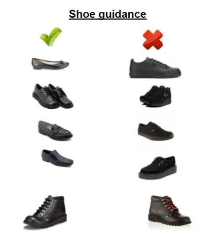 Shoe Guidance. An image showing what types of footwear are suitable at The Leigh UTC and what types are not.