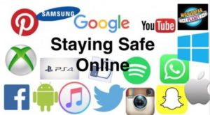Various online logos with text saying Staying Safe Online in the centre
