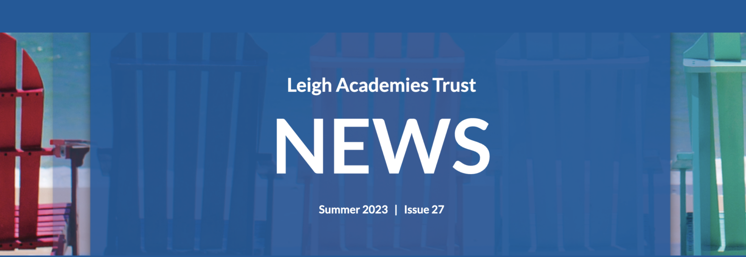 LAT Summer newsletter 2023 issue in a blue box with a cut off deck chair image either side of the text.