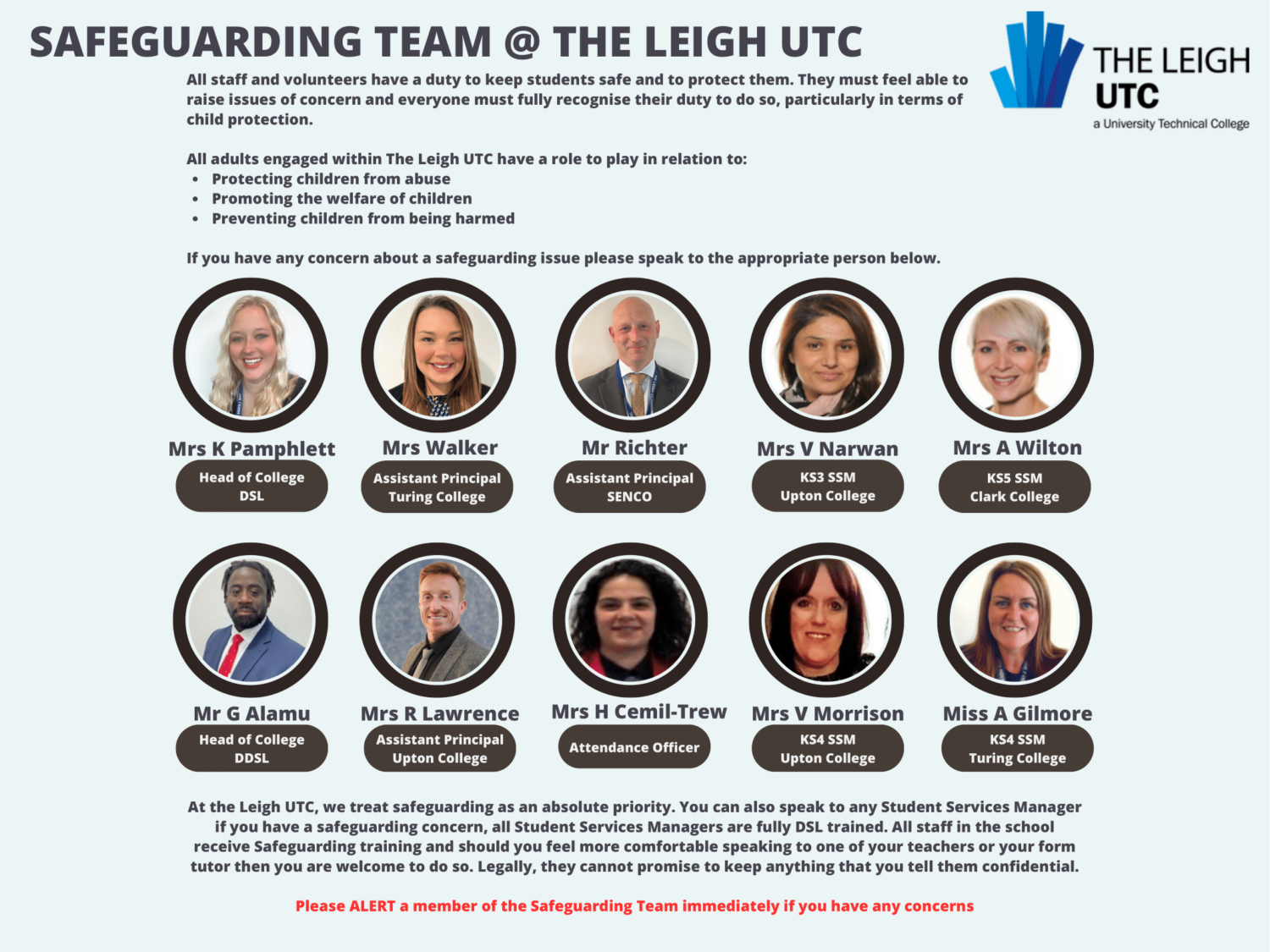The Leigh UTC Safeguarding Team poster with additional overview information about safeguarding