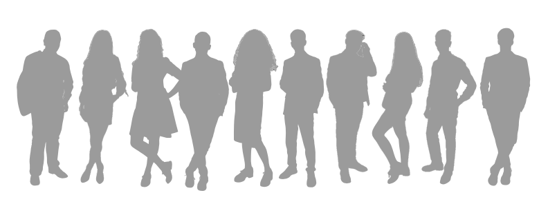 A series of eleven grey silhouette figures are arranged horizontally against a white background. The figures appear to be adults of various heights and body types, dressed in what seems to be business or smart-casual attire. Some are standing with their arms at their sides, while others have different poses, such as hands on hips or one figure holding a phone to their ear. The silhouettes are evenly spaced, creating a sense of a group or a diverse collection of individuals.