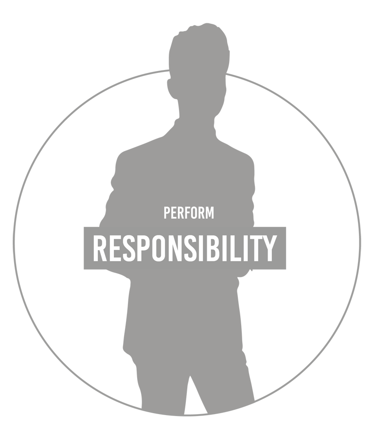 A graphic with a solid grey background features a central white rectangular shape. Inside this white area, the word "RESPONSIBILITY" is prominently displayed in a bold, sans-serif white font, positioned below the smaller, white word "PERFORM" in a similar font style. The design is simple and emphasizes the concept of "RESPONSIBILITY".