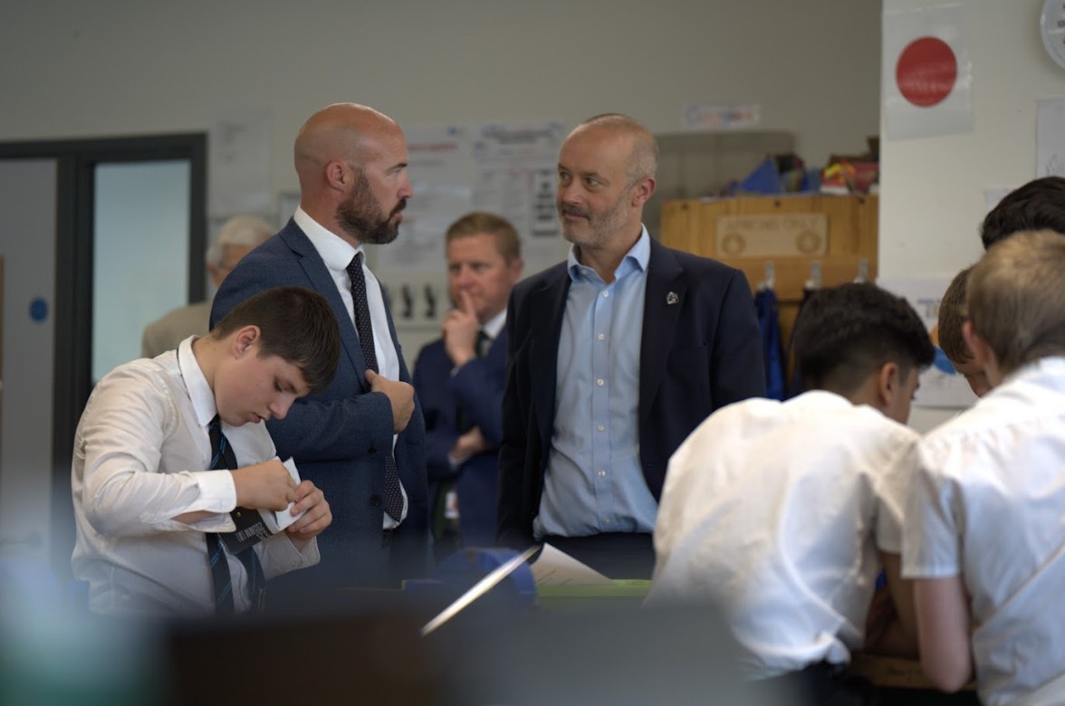 John Boumphrey and Leigh UTC Principal Kevin Watson experiencing a Year 8 Engineering lesson